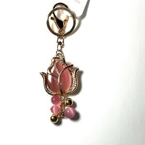 Boutique Rose Keychain Pink Cat Eye Stone Bag Charm Gold Y2K Cottagecore Boho